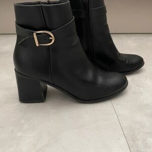 New Look Black Heeled Boots with Gold Buckle